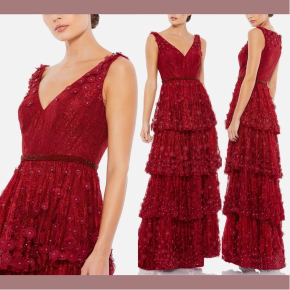 NWT $698 Mac Duggal [ 8 ] Floral Applique Ruffle Tier‎ V Neck Gown Burgundy Red